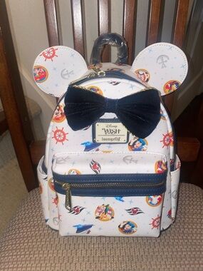Loungefly White Disney Cruise Wish Mini Backpack with Navy Bow